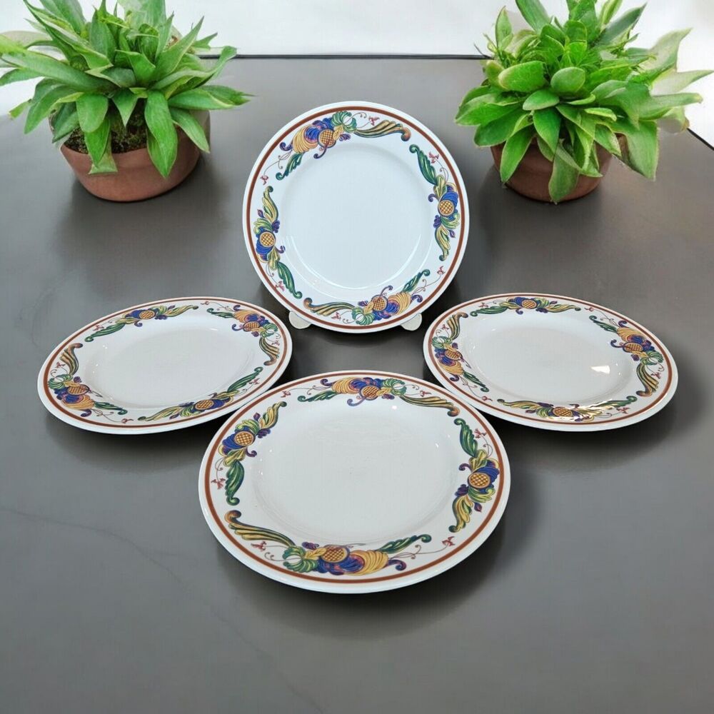 SET OF 4 HOMER LAUGHLIN CHINA DINNER PLATES 10.5 " Rosemaling Brown Seville USA